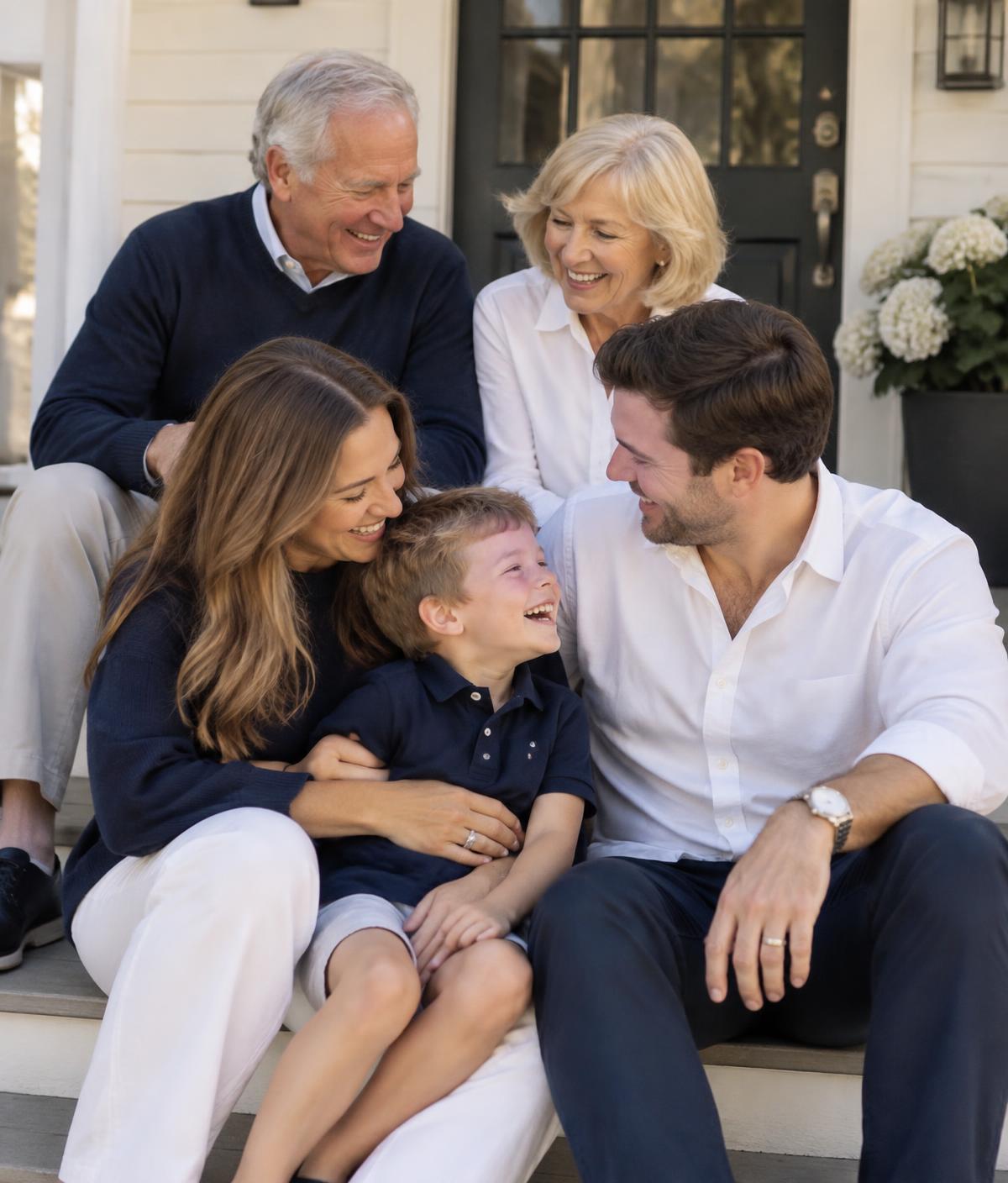 Three generations of a family laughing together on their front porch